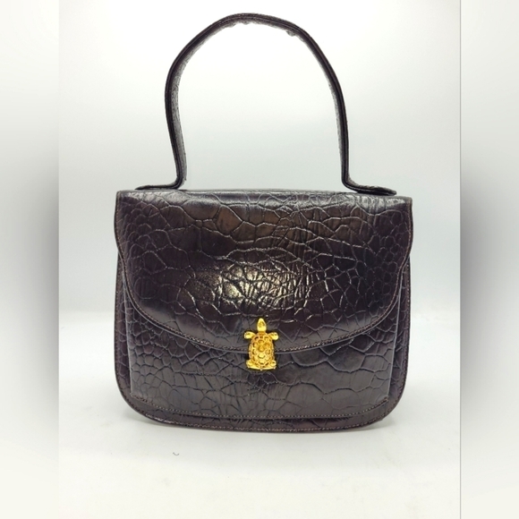 Vintage Brown Crocks embossed Small purse with Gold Turtle Accents Closure - Picture 16 of 16